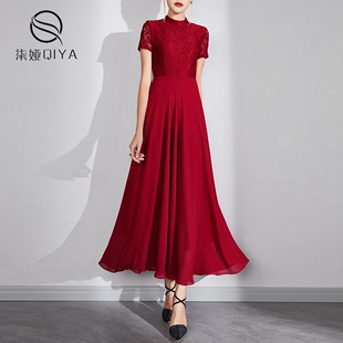 酒红色连衣裙女夏季2023气质蕾丝拼接收腰显瘦雪纺大摆长裙子