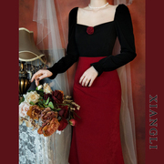 巷里法式复古红色连衣裙，春秋宫廷赫本玫瑰拼接显瘦气质小礼服长裙