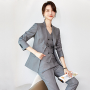 西服套装气质精致干练浅灰色OL通勤会议正装精纺西装马甲职业套装