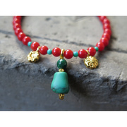 美品红珠~西藏老绿松石~印度纯18K金坠~24K金珠金圈~红珠手链