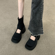 镂空黑色靴子女，设计感小众夏季百搭2023粗跟高跟凉靴透气厚底