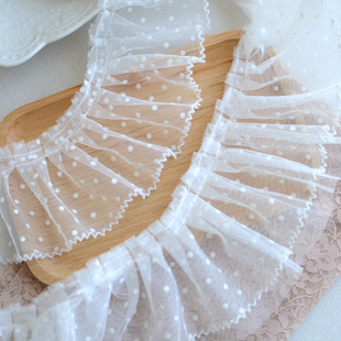 白色双层植绒波点牙边网纱工字，皱蕾丝花边，辅料衣边裙摆装饰材料