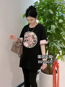 2024夏季中式国风刺绣拼接短袖T恤女复古宽松盘扣体恤上衣潮
