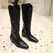 韩国女鞋东大门2023春新尖头，粗跟套筒宽口显瘦气质黑色长靴潮