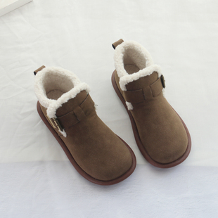 冬季毛毛女鞋百搭软底大头靴子加绒保暖雪地靴平底防滑复古短靴女