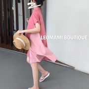 LeoMami孕妇连衣裙夏季粉色赫本风时尚网红气质孕妈衬衫裙子