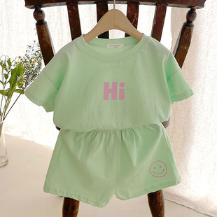 韩版ins婴幼童装糖果色棉休闲短袖，套装宝宝字母，笑脸t恤短裤两件套