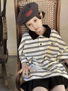 波拉韩国女童男童中大童儿童夏亲子短袖T恤条纹字母翻领polo衫
