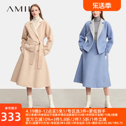 amii2024冬双面翻驳领插肩袖羊毛双面呢女配腰带上衣半裙套装