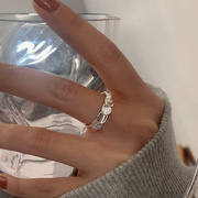 韩版s925银个性鳞片戒指，女复古简约几何拼接开口指环气质潮食指戒