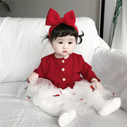 春秋装女童婴幼儿公主裙周岁，礼服韩版红色女宝宝，新年连衣裙加绒