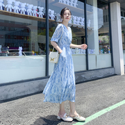 气质雪纺连衣裙女夏季2024设计感小众收腰显瘦法式v领长裙子