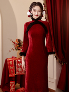 红色雪尼尔倒大袖加绒旗袍2023冬季新中式新年战袍复古风拜年服