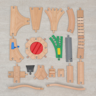 进口榉木木制火车轨道配件散轨套装兼容BIRO家益智拼插玩具