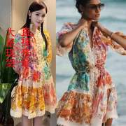2024彩色印花立领裙子女澳洲小众设计感碎花度假风连衣裙外贸中腰