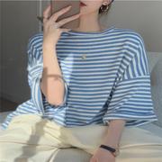 蓝白条纹t恤女夏季短袖宽松纯棉潮牌中长款欧货大版体桖