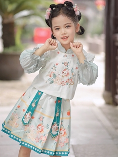 汉服女童春秋款套装超仙儿童，中国风唐装，卯兔三件套2023公主裙