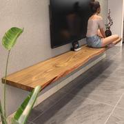 客厅简约现代原木挂墙电视柜，整块实木一字，隔板小户型悬空实木板