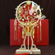红色蕾丝新娘结婚秀禾团扇，黑色大号架，新中式双面成品遮面金色团扇