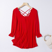 D13-4春季女纯色圆领弹力修身性感交叉露背大红色七分袖T恤衫