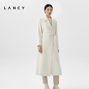 lancy朗姿冬季白色，中长款羊驼毛外套女士高级感收腰气质大衣