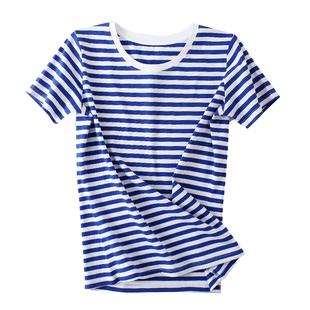 可定制蓝白条纹t恤短袖女圆领纯棉，水手服学生宽松打底衫