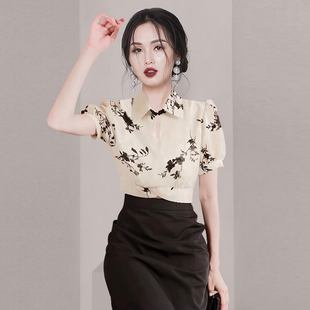 新中式国风水墨印花上衣女2024夏季别致小众独特绝美短袖衬衫