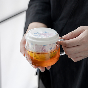 耐热玻璃茶杯茶水分离泡茶杯陶瓷手绘过滤内胆办公杯三件套过滤杯