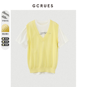 gcrues马甲T恤两件套女夏季2024镂空V领罩衫白色短袖上衣套装