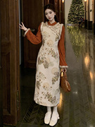 大码女装新中式国风复古贵气旗袍连衣裙假两件提花加绒显瘦长裙春