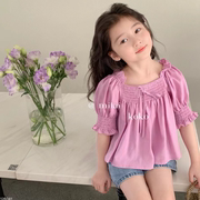 韩版儿童上衣24夏装女童洋气甜美紫色方领显瘦收袖口娃娃衫