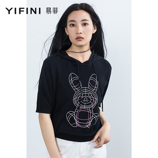 Yifini/易菲宽松连帽短袖薄款卫衣女夏装印花套头上衣