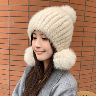 韩国款水貂毛帽子女冬季保暖气质貂毛，编织帽狐狸球球显脸小皮草帽