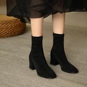 短靴女2021春秋季单靴黑色磨砂翻毛皮冬季加绒粗跟高跟瘦瘦靴