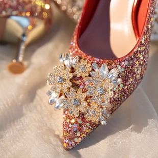 主婚鞋红色秀禾婚纱两穿2024年结婚新娘鞋子水晶法式高跟鞋女