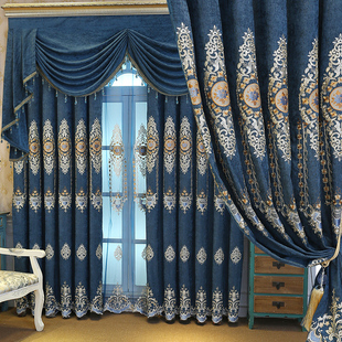 定制欧式客厅加厚隔热遮光窗帘纱帘雪尼尔，双面水溶刺绣花浮雕成品