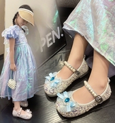 女童时尚爱莎公主鞋2023春秋新款亮片闪闪珍珠小皮鞋甜美演出鞋潮