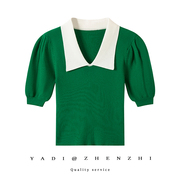 夏季学院风娃娃领T恤女短款绿色polo领短袖修身泡泡袖薄冰丝套头