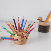 卡通圆河豚笔筒收纳盒儿童可爱创意礼物办公室笔插实木质桌面摆件