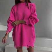 欧美风秋冬圆领不规则破洞毛衣针织连衣裙，sweaterknitteddress