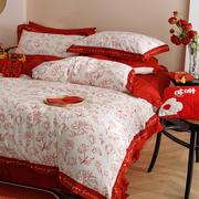 纯棉婚庆四件套中式大红印花全棉床单被套红色套件新婚套件