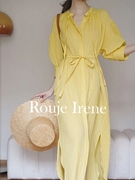 roujeiren法式黄色，系带收腰衬衫连衣裙，宽松遮肉过膝长裙女