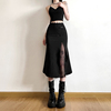 SylCue 新中式改良黑色蕾丝拼接小性感高开衩半身裙复古盘口短裙