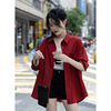 觅定复古红色衬衫女夏季防晒长袖衬衣外套，设计感小众法式上衣