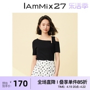 IAmMIX27短袖针织衫女夏季个性不对称斜肩通勤百搭黑色针织套头衫