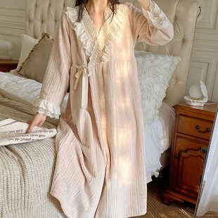 宫廷公主风珊瑚绒睡裙，女秋冬加厚保暖法兰绒睡袍，甜美和服睡衣长款