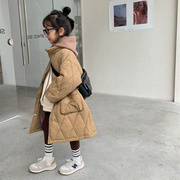 女童外套2023秋冬儿童洋气，韩版中长款菱格女宝宝，加厚保暖棉服