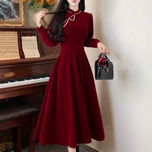 新中式旗袍敬酒服新娘秋冬大码高级感红色礼服回门订婚丝绒连衣裙