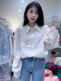 2022年韩国秋季珍珠娃娃，领衬衫女纯色宽松显瘦泡泡袖雪纺上衣