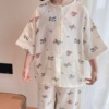 韩国儿童夏季五分袖长裤家居服，套装纱布棉，男童短袖睡衣女童空调服